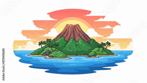 Pixel art tropical island with a volcano and palm trees at sunset