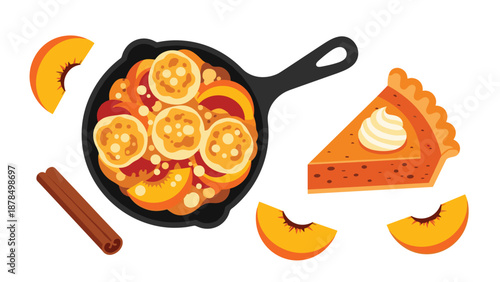 Autumn dessert illustration featuring a peach cobbler in a cast iron skillet, a slice of pumpkin pie, and fresh peach slices.