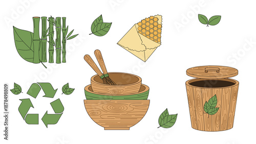 Sustainable collection of eco-friendly products featuring bamboo, wooden bowls, and a recycling symbol to encourage zero waste living habits.