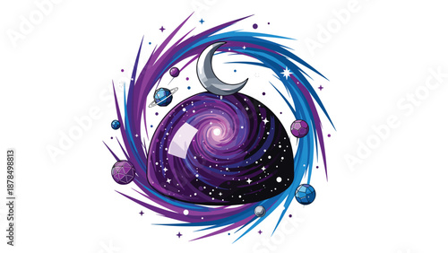 Fantasy illustration of a cosmic galaxy dome topped with a crescent moon and surrounded by several planets in a vibrant purple space vortex.