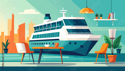 Modern interior view of a lounge with a large ship and city skyline