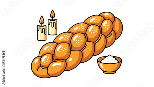 Traditional Jewish Shabbat table featuring braided challah bread, a small bowl of salt, and two burning candles against a white background.