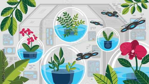 Futuristic hydroponic laboratory where plants grow inside water-filled glass spheres while small drones provide automated maintenance care.