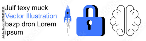 Innovation, privacy protection, creativity, technology, security, intellectual processes. A rocket, padlock and brain icon side by side. Innovation and privacy protection concept in modern design