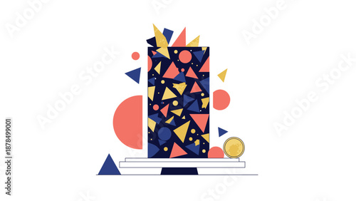 Modern artistic cake design featuring a tall rectangular base decorated with colorful geometric shapes like triangles, circles, and dots.