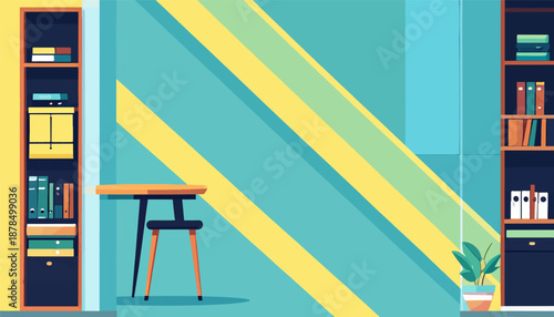 Modern office space with minimalist decor, featuring shelves, desk, and a plant