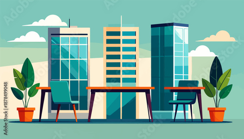 Modern office space with sleek buildings, potted plants, and minimalist furniture