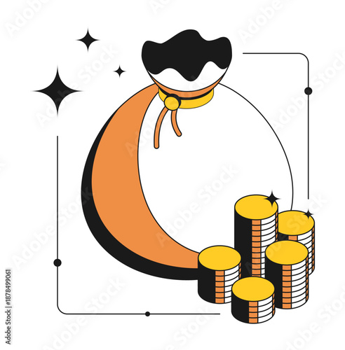 Isometric bank bag sealed with a seal and filled with gold valuable coins. Contrast design with thin outline 3D vector isolated on white background