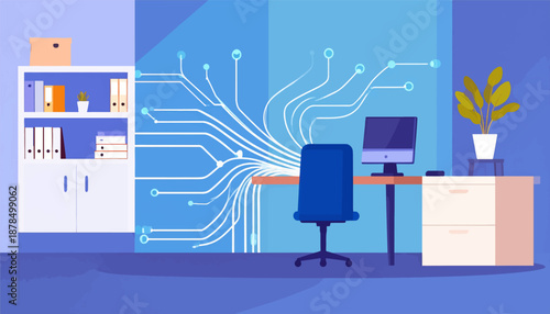 Modern office with a desk, computer, chair, and a wall decorated with abstract circuit board lines