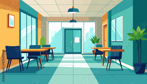 Modern office waiting area with tables, chairs, and plants near large windows and doors