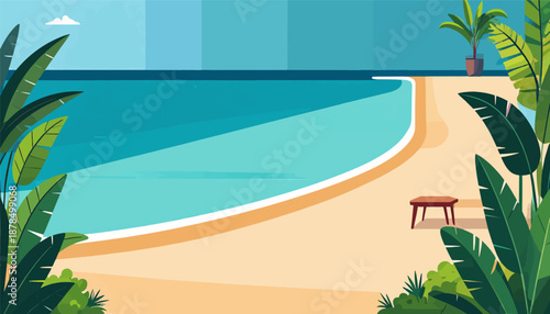 Peaceful tropical beach with calm turquoise water, golden sand, lush green foliage, and a simple seating area
