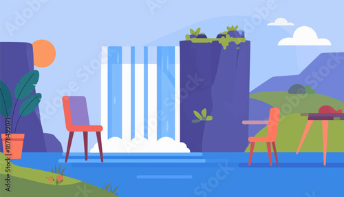 Peaceful waterscape with a waterfall, chairs, and a sun