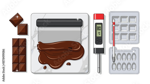 Professional chocolate tempering station including dark chocolate bars, a metal scraper on marble, digital thermometers, and plastic molds.
