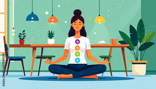 Peaceful woman meditates indoors, adorned with chakra symbols, surrounded by home decor
