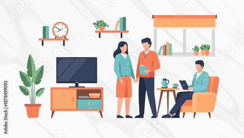 Modern living room scene with people interacting and enjoying leisure time