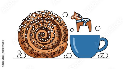 Classic Swedish fika break featuring a large cinnamon roll with pearl sugar, a blue coffee cup, and a traditional carved wooden Dala horse.