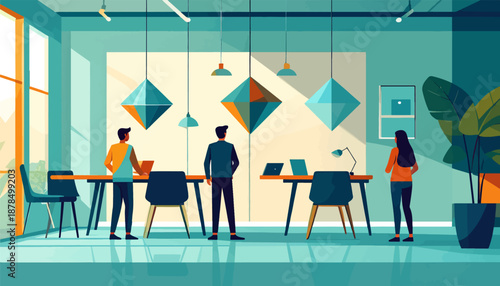 Modern office with people working at desks and geometric hanging lights