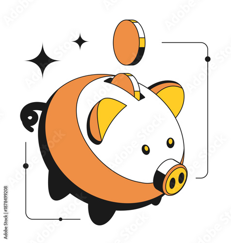 Isometric gold shiny coins fill a ceramic piggy bank. Contrast design with thin outline 3D vector isolated on white background