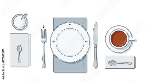 Formal table setting diagram showing the correct placement of dinner plate, napkin, fork, knife, spoon, and a cup of tea for a polite meal.