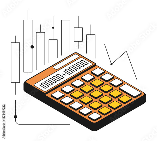 Isometric investor calculator calculates profits from stock exchange investments. Contrast design with thin outline 3D vector isolated on white background