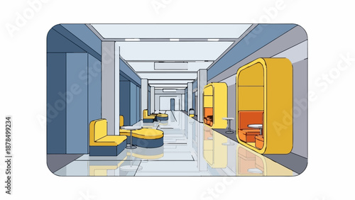 Modern lobby with colorful pods and seating