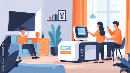 Modern living space with people interacting with technology and relaxing