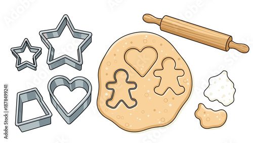 Fun cookie baking process with a wooden rolling pin, metal cutters in various shapes, and dough being prepared on a lightly floured surface.