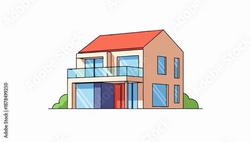 Modern, minimalist dwelling with a pitched roof, large windows, and a balcony