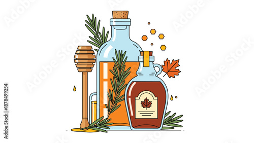 Assorted natural sweeteners including bottles of maple syrup and honey flavored with rosemary sprigs and fresh honeycomb in a rustic style.