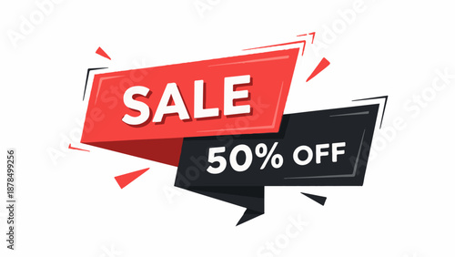 Modern red and black graphic banner announcing a sale with 50% off
