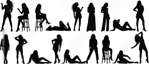 Female fashion silhouettes collection showing confident women posing stylish elegance glamour attitude modern beauty lifestyle illustration isolated white