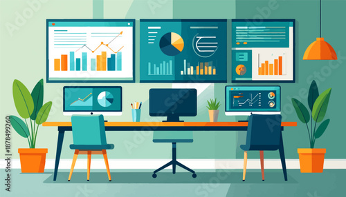 Modern office workspace with multiple screens displaying financial charts and graphs, two chairs, and potted plants