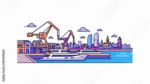 Modern port with sleek yachts, industrial cranes, and diverse city skyline under clouds
