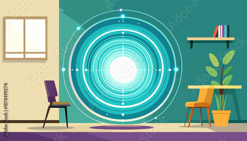 Modern room interior with a glowing circular portal and minimalist furniture