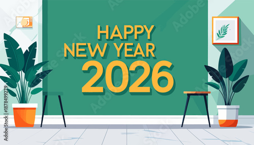 Modern room decor greets the new year 2026 with green plants and artwork
