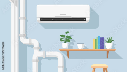 Modern room interior with an air conditioner, pipes, shelf with books, plants, and cup