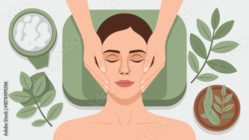 Relaxing spa facial treatment shown from above with a woman receiving a face massage surrounded by herbal bowls and aromatic green leaves.