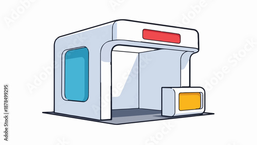 Modern, minimalist kiosk with blue, red, and yellow accents, open front