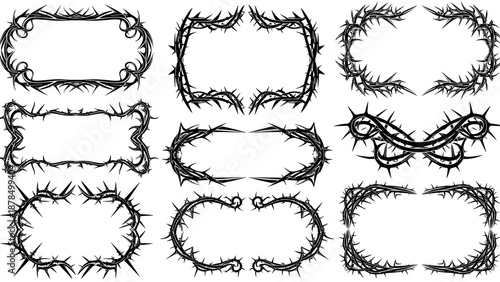 Collection of black thorny frame designs on white background.