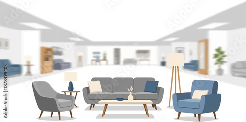 Modern waiting room with sofas, armchairs, coffee tables, and lamps