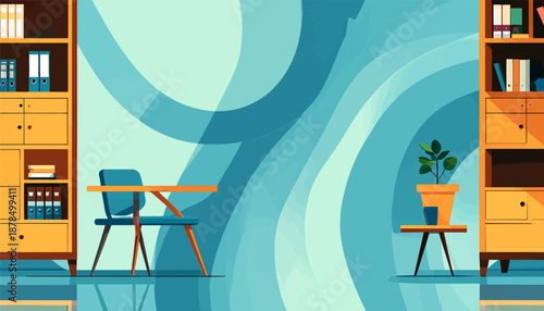 Minimalist office interior with shelves, desk, chair, and plant