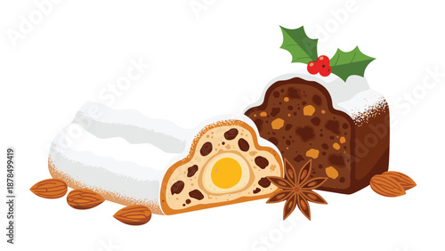 Festive Christmas stollen bread flavored with nuts and dried fruit, covered in powdered sugar, and decorated with holly and star anise.