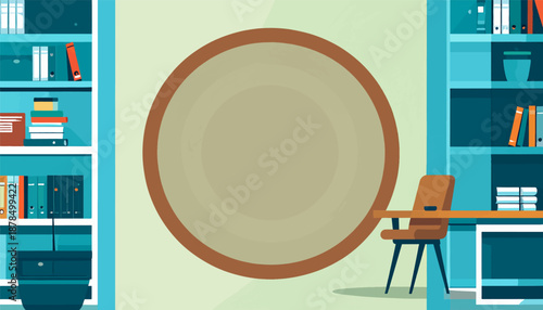 Minimalist office interior with bookshelves, desk, chair, and large circular frame