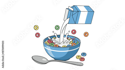 Breakfast cereal bowl filled with colorful rings and fresh milk being poured from a blue carton with dynamic splashes and floating pieces.