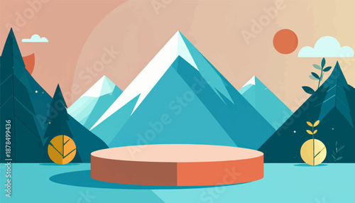 Minimalist mountain scene with a circular platform and abstract trees under a peach sky