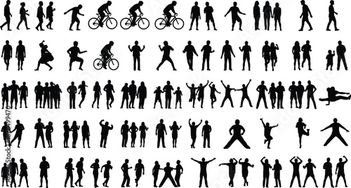 People silhouettes collection showing walking running cycling jumping social interaction activities lifestyle motion diversity illustration isolated white