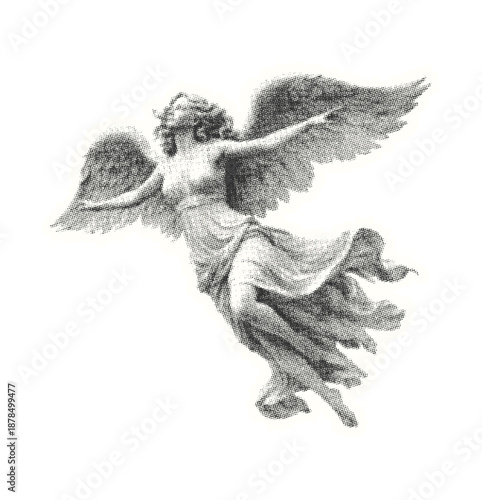 Flying Angel Statue Halftone Illustration isolated on transparent background, Generative AI