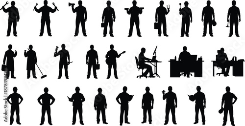 Professional worker silhouettes collection showing diverse occupations tools skills careers industry teamwork workforce lifestyle illustration isolated on white
