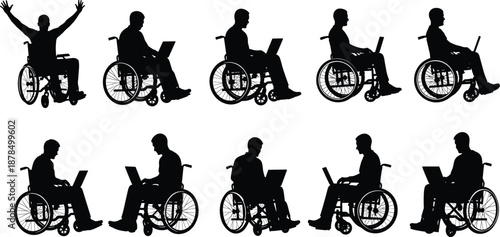 Wheelchair user silhouettes working on laptop, celebrating independence, accessibility, inclusive technology and modern disabled lifestyle concept isolated on white background