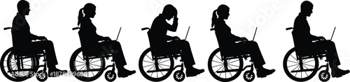Wheelchair users working on laptops silhouette isolated on white background representing disability, accessibility, remote work, technology, inclusion, productivity concepts